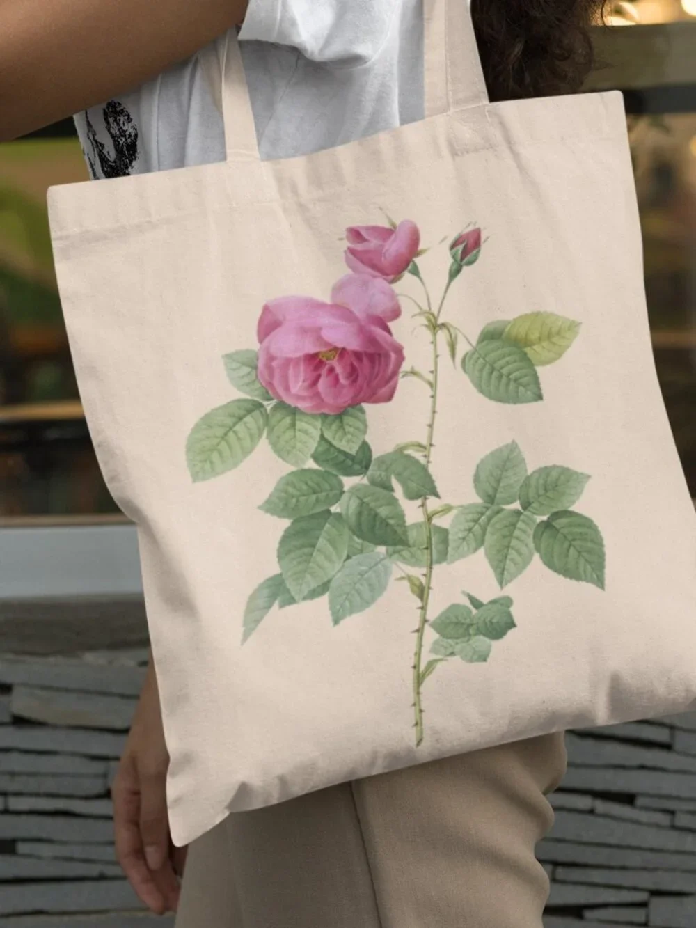 Damask Rose Vintage Floral Print Graphic Canvas Tote Bag